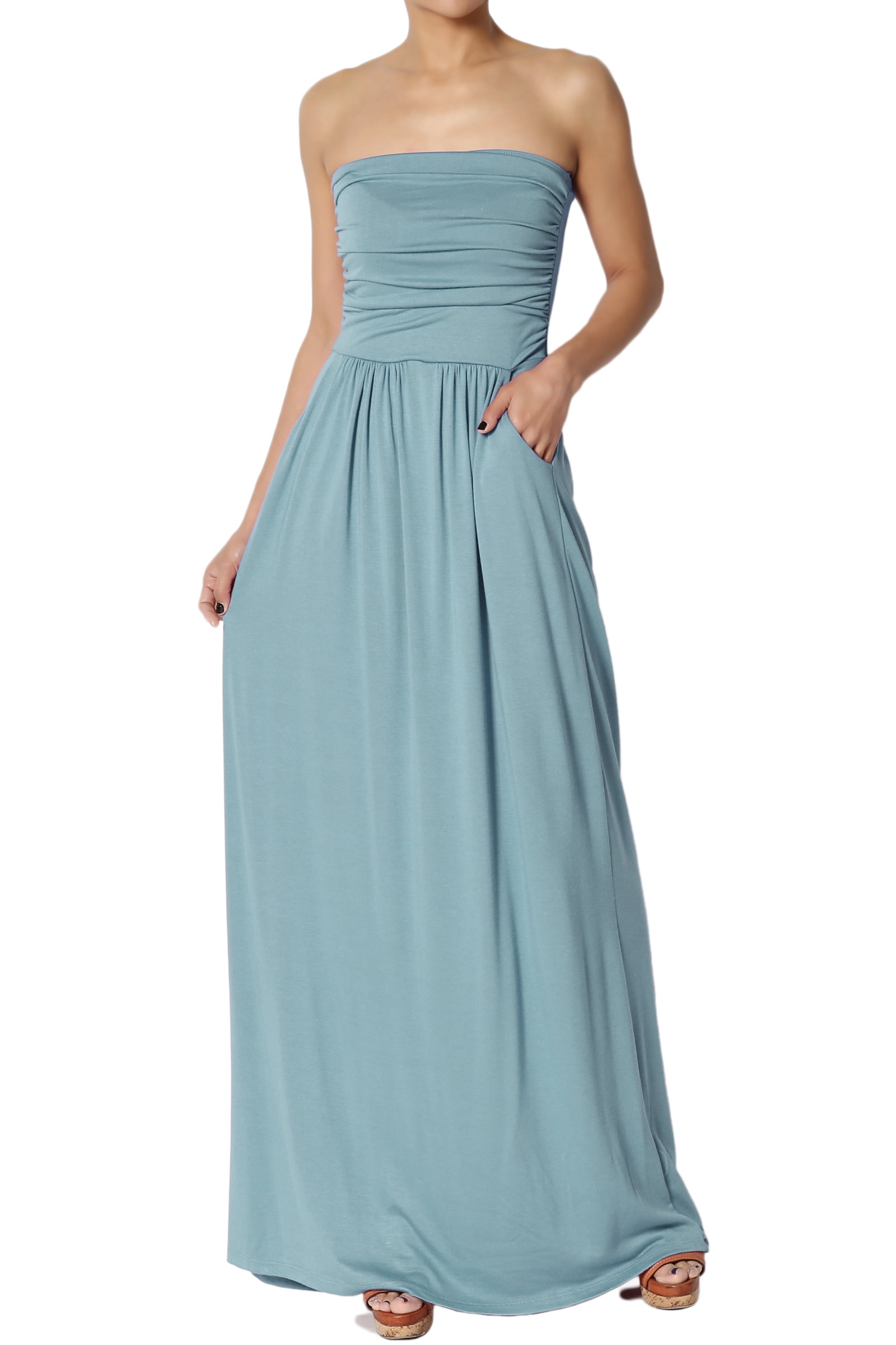 TheMogan Women's Strapless Ruched Pocket Maxi Dress Tube Top Long Skirt ...