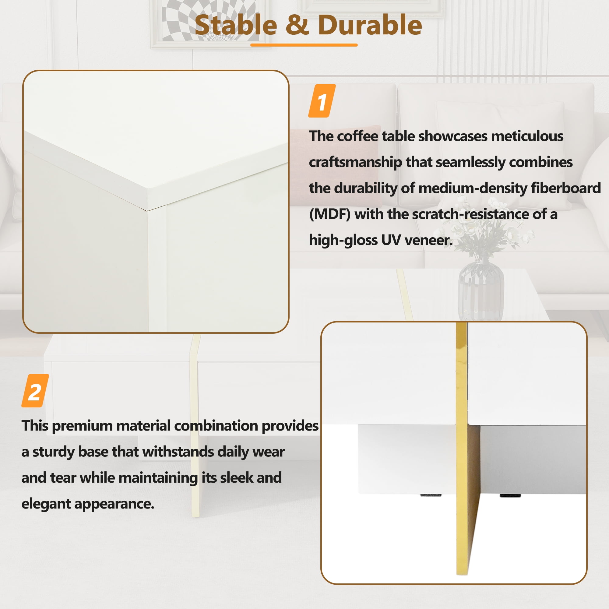 Euroco Modern Rectangle High-Gloss Coffee Table with Gold Trim and Hidden Storage Drawers, 47.2", MDF Finish