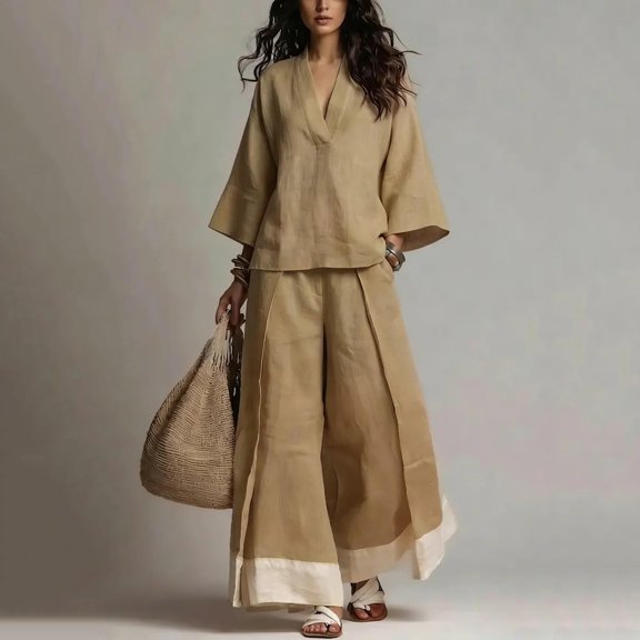 Women Two Piece Set 3/4 Sleeve V Neck Tops and High Waist Wide Leg Pants with Contrast Hem Summer Cotton Linen Outfits, S