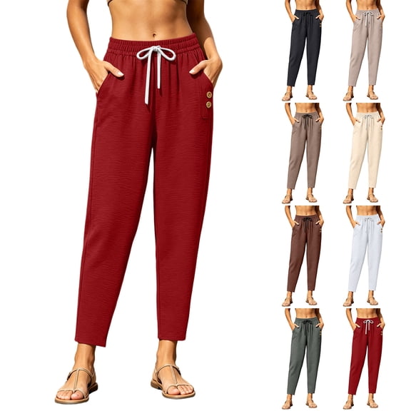 Liweisiy Solid Color Pants For Womens Drawstring Elastic Wiast Baggy Ankle Length Trousers Casual Daily Pants Army Green 5XL
