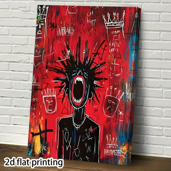 [2D Flat] 1pc Basquiat-Style Red Abstract Canvas Painting - Bold & Pop Art Wall Decor with Wooden Frame, Ready-to-Hang Modern Urban Art for Living Room, Bedroom