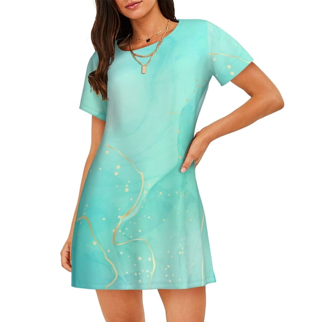 Disketp Cyan Mint Marble para Camisón Corto de Manga Corta para Mujeres, Camisón Cómodo con Escote Redondo, Bonito y Confortable