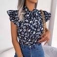 thumbnail image 5 of HAPIMO Women's Trendy Chiffon Loose Tops Clearance Elegant Casual Relaxed Blouses Floral Boho Keyhole Neck Bowknot Pullover for Teen Girls Summer Tees Ruffle Sleeve Blue XL, 5 of 8