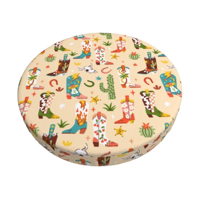 Disketp Groovy American Western Footwear Funda Redonda para Taburete, Funda de Cojín para Silla de Bar Suave y Elástica-12 inch