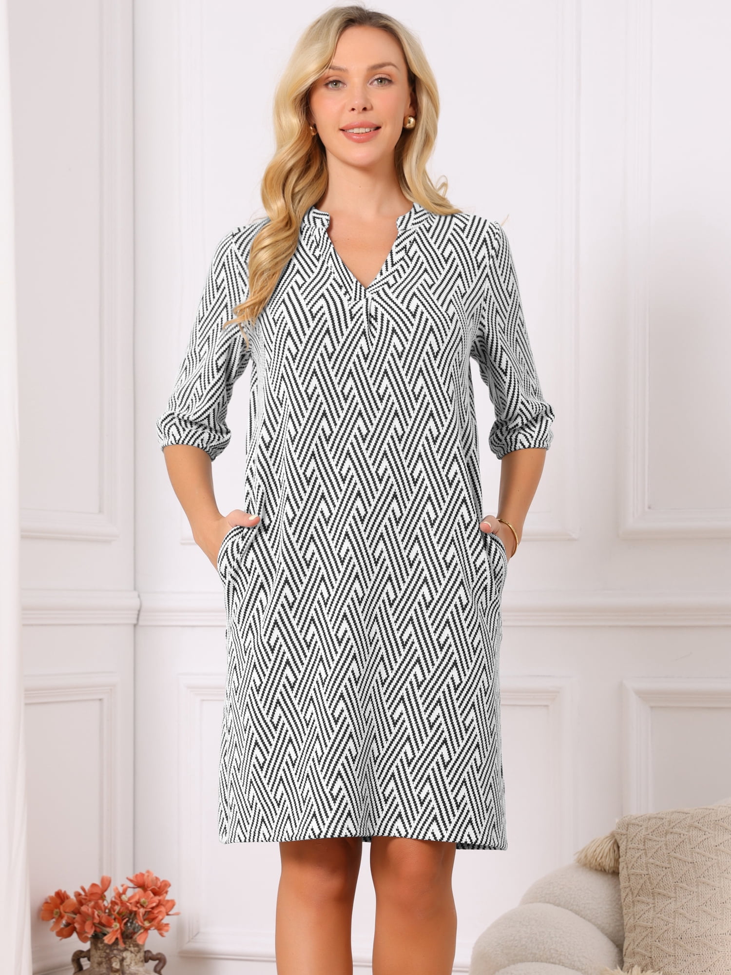 DARING DIVA Women's 3/4 Sleeve V Neck Zigzag Print Dress M White