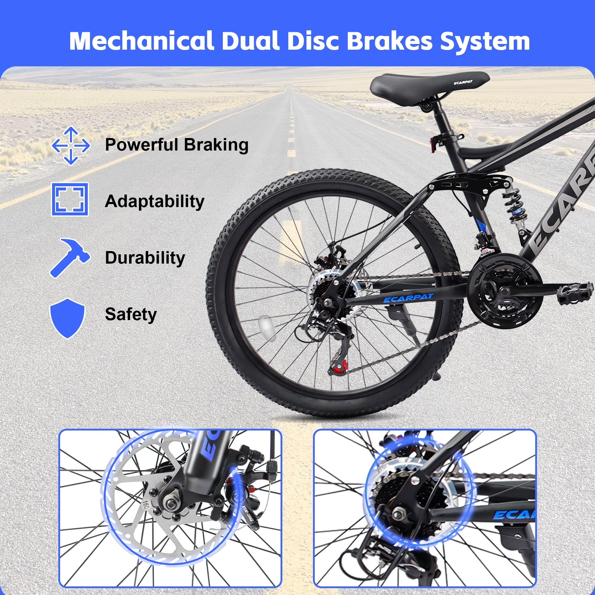 27.5 Inch Dual Full Suspension Mountain Bike, 21-Speed Mountain Bike with Dual Disc Brakes and Carbon Steel Frame, Trail Beach Snow Commuter City Bicycles for Adult Men Women, Black