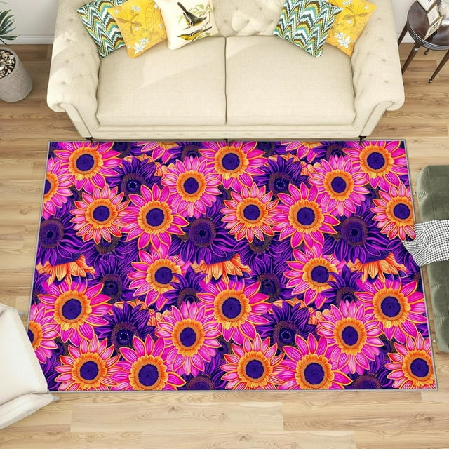 3x4 Rug, Sunflower Door Mat Washable Non Slip Soft for Entryway, Pink and Purple Floral Rug, Girls Flower Carpet, Sunflower Home Decor & Gifts