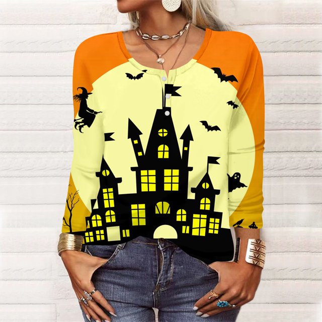 LINMOUA Long Sleeve Shirts For Women Halloween Pattern Print Graphic Tees Blouses Casual Plus Size Basic Tops Pullover