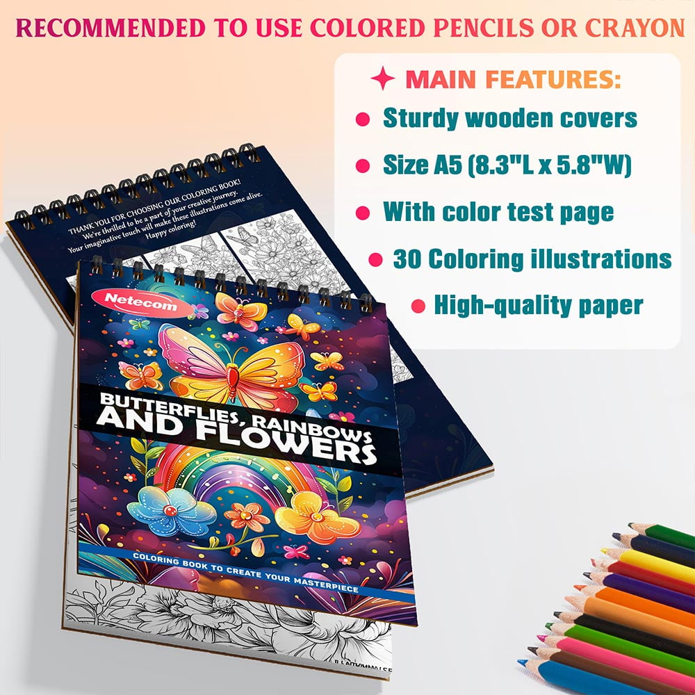 Netecom Butterflies, Rainbows and Flowers Coloring Book Spiral Bound For Adults, A5 Wooden Cover, 30 Beautiful Coloring Pages of Nature's Wonders for Stress Relief and Relaxation