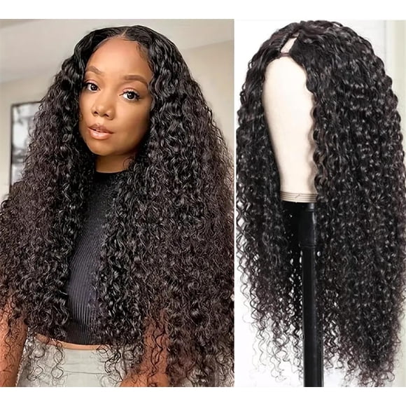LOVFIR Perruque en Cheveux Humains à Partie en U Bouclée Densité 180 % Sans Colle Remy Brésilien Perruque en Cheveux Humains à Partie en U Crépus Bouclée Perruque à Partie en U Cheveux Humains Tête Complète Forme en U Cli