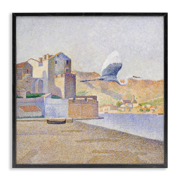 Stupell Industries Coastal Flying Crane Bird European Coastal Seaport Pointillism Black Framed Giclee Art, 12 x 12, by Steve Hunziker