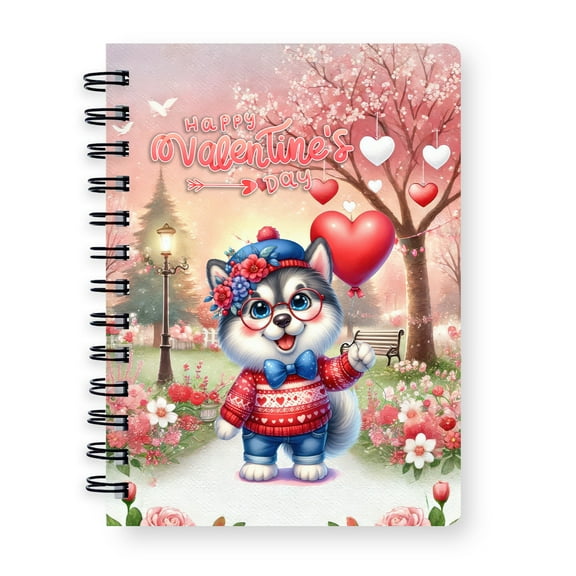 Happy Valentine’s Day Adorable Alaskan Malamute Puppy Holding Heart Balloon Spiral Bound Journal Alaska Mal Dog Lovers Gifts 5x7in Spiral Notebook - 00030