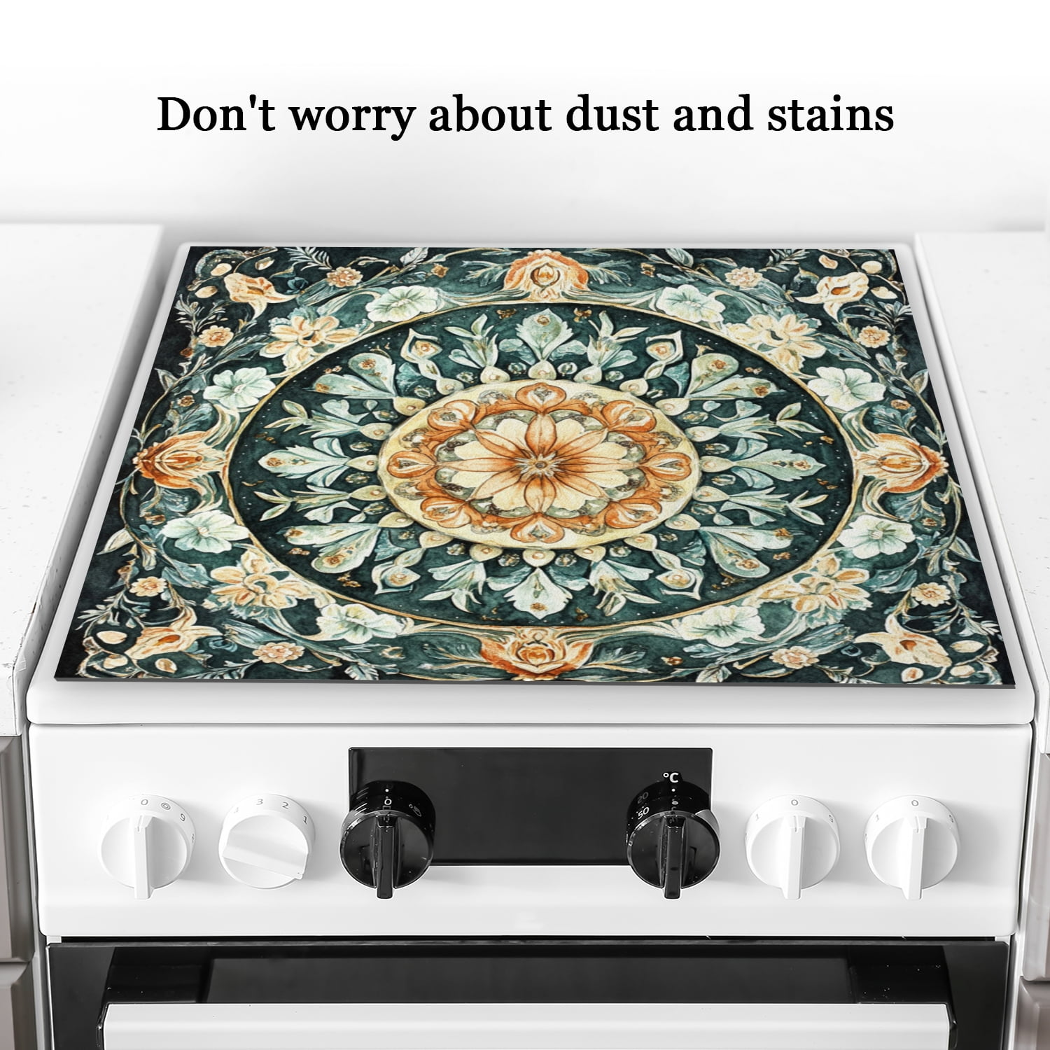Square Cooktop Covers for Electric Flat Stovetop, Vintage Boho Mandala Non-slip Glass Top Stove Cover Protector, Multipurpose Kitchen Decor Mat for Kitchen RV (28×20 Inch)