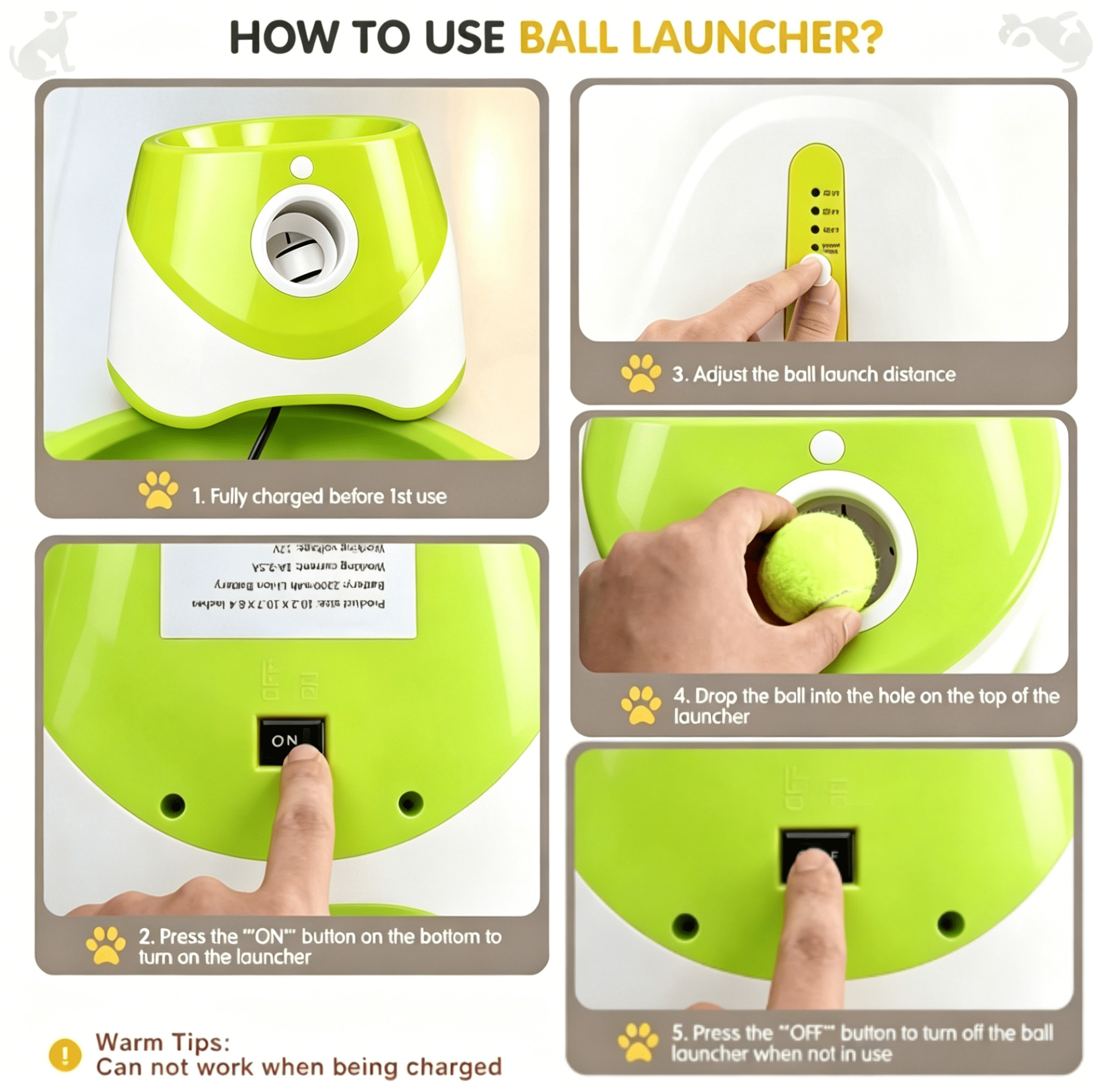 Tstiti Automatic Dog Ball Launcher with 3 Distance Settings, Includes 3 Mini Tennis Balls, Interactive Indoor Outdoor Dog Toy, Light Green