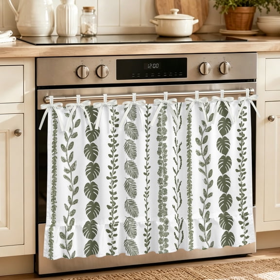 Oven Skirt Curtain for Kitchen 20x27 Inch, Dark Sage Green Botanical Oven Curtain with 8 Ribbon Ties & Ruffle Trim, Stove Skirt Curtain Dishwasher for Cabinets Summer Botanical Leaf Vertical Stripes