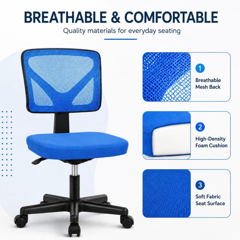BEAUTYPEAK Desk Chair with Y-Shaped Lumbar Support Adjustable Armless Mesh Office Chair with Wheels for Home Office, Blue