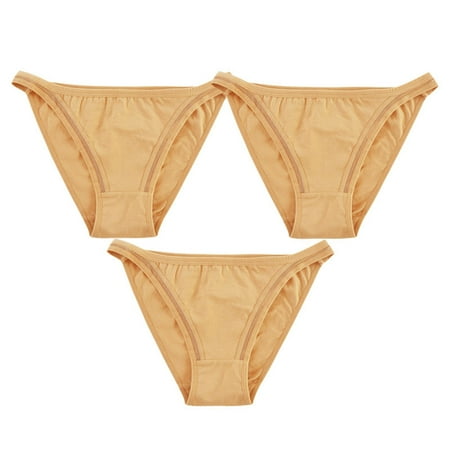 Scyoekwg Womens Underwear Thong Solid Color Ladies Panties Fashion Mid Waisted Breathable Bikini Underwear Hipster Panties Pack of 3(Beige L)