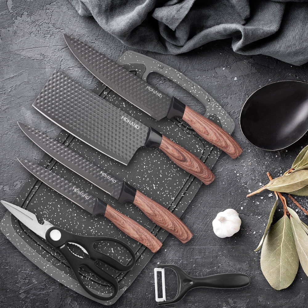 MDHAND 7-Piece Kitchen Knife Set ,Non-Stick Diamond Finish, Brown Wooden Handles, Cutting Board, Scissors, Peeler – Essential Cooking Tools in Gift Box