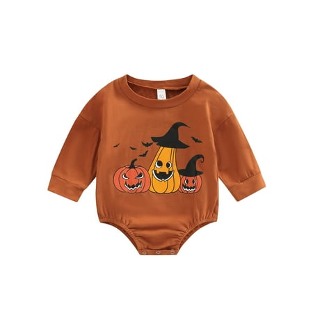 

Bagilaanoe Newborn Baby Girl Boy Halloween Romper Sweatshirt Long Sleeve Bodysuit Pumpkin Bat Print Pullover 3M 6M 12M 18M Fall Tops Tee
