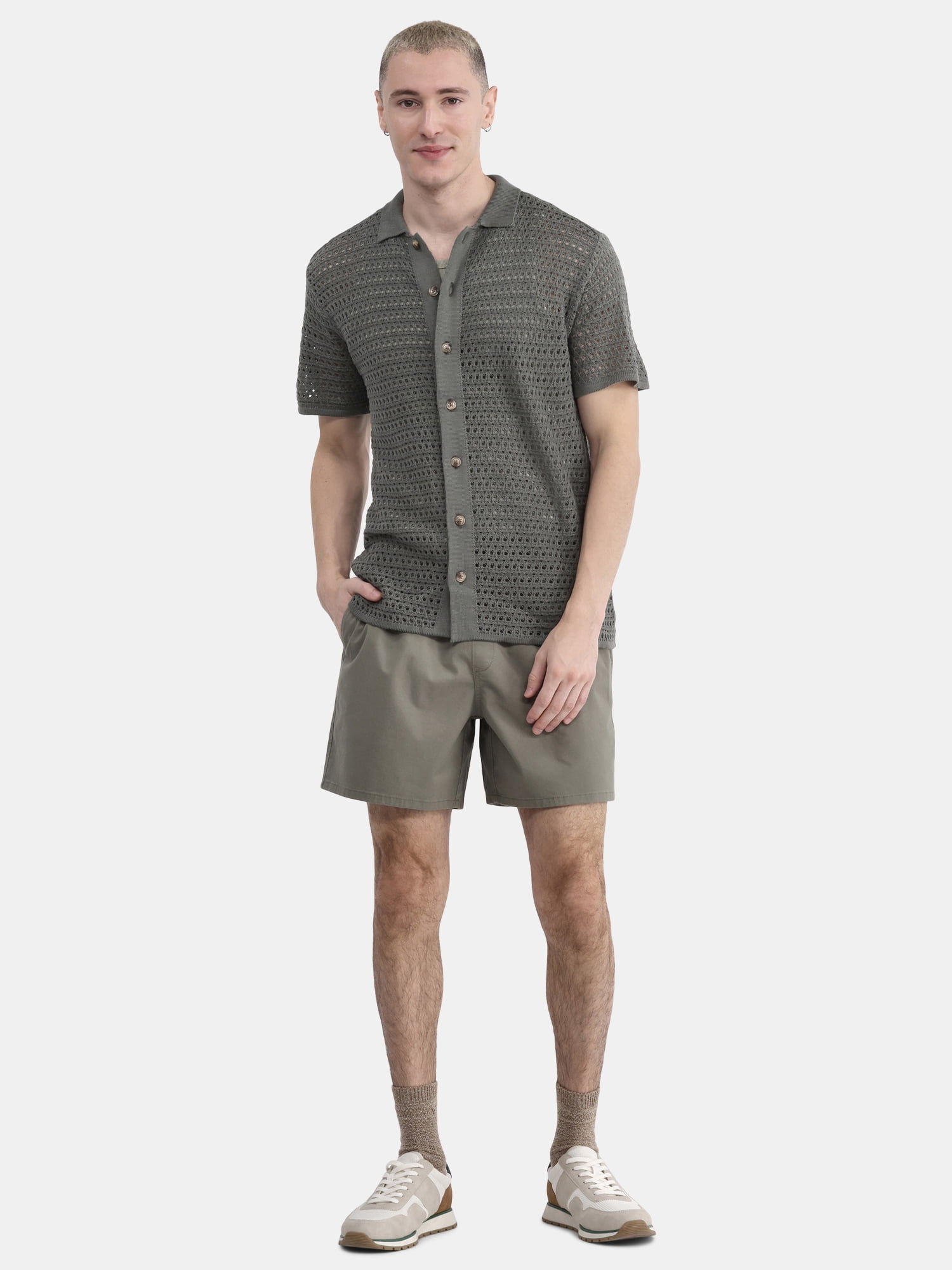 No Boundaries Men's & Big Men's Sweater Knit Polo Mesh Button Front Short Sleeve Shirt, Sizes XS-5XL