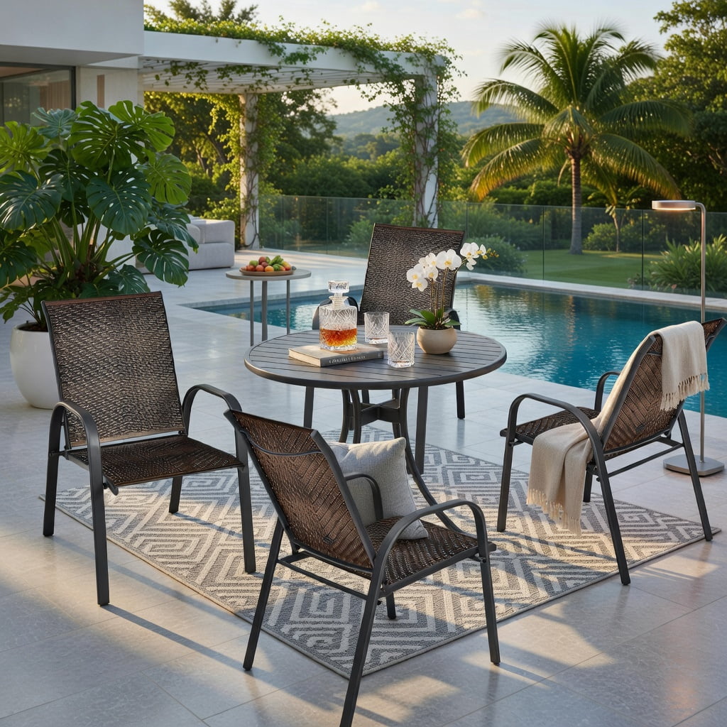 Hommoo 6-Pack Stackable Outdoor Dining Chairs, All-Weather PE Wicker & Rustproof Steel Frame, Patio, Garden & Poolside Use, Brown