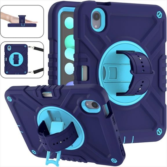 Decase for iPad Mini 6th Gen Military Grade Protection Case,Built-in Rotation Ring Stand,with Shoulder Strap & Hand Strap,with Pen Holder,Rugged Shockproof Heavy Duty Case Cover,Navyblue