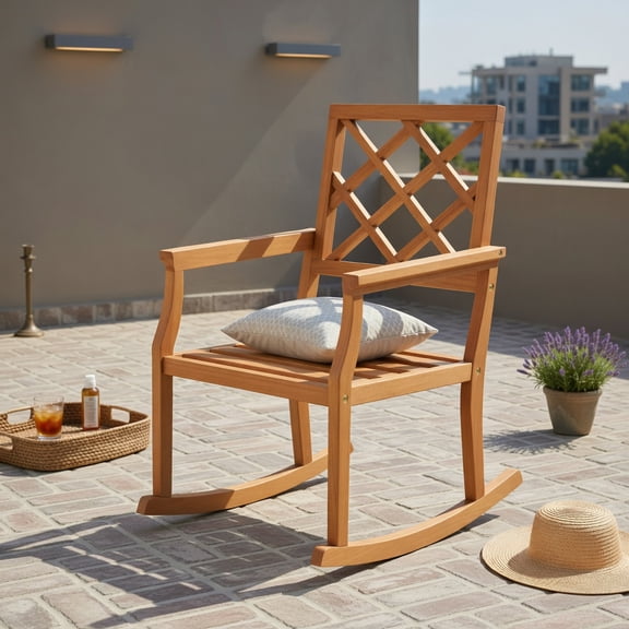 Hommoo Oversized Teak Wood Rocking Chair for Outdoor Patio, Sturdy Indonesian Teak Porch Rocker with Ergonomic Backrest & Slatted Seat, Brown