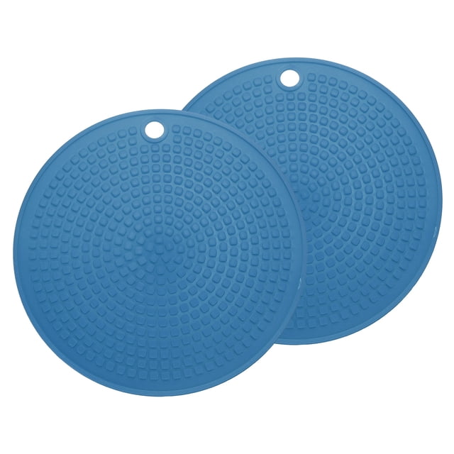 2Pcs Mats de Salvamanteles de Silicona para Ollas y Sartenes Calientes, Soportes Redondos de 7" con Agujero para Colgar para Ollas y Platos Calientes (Azul Oscuro)