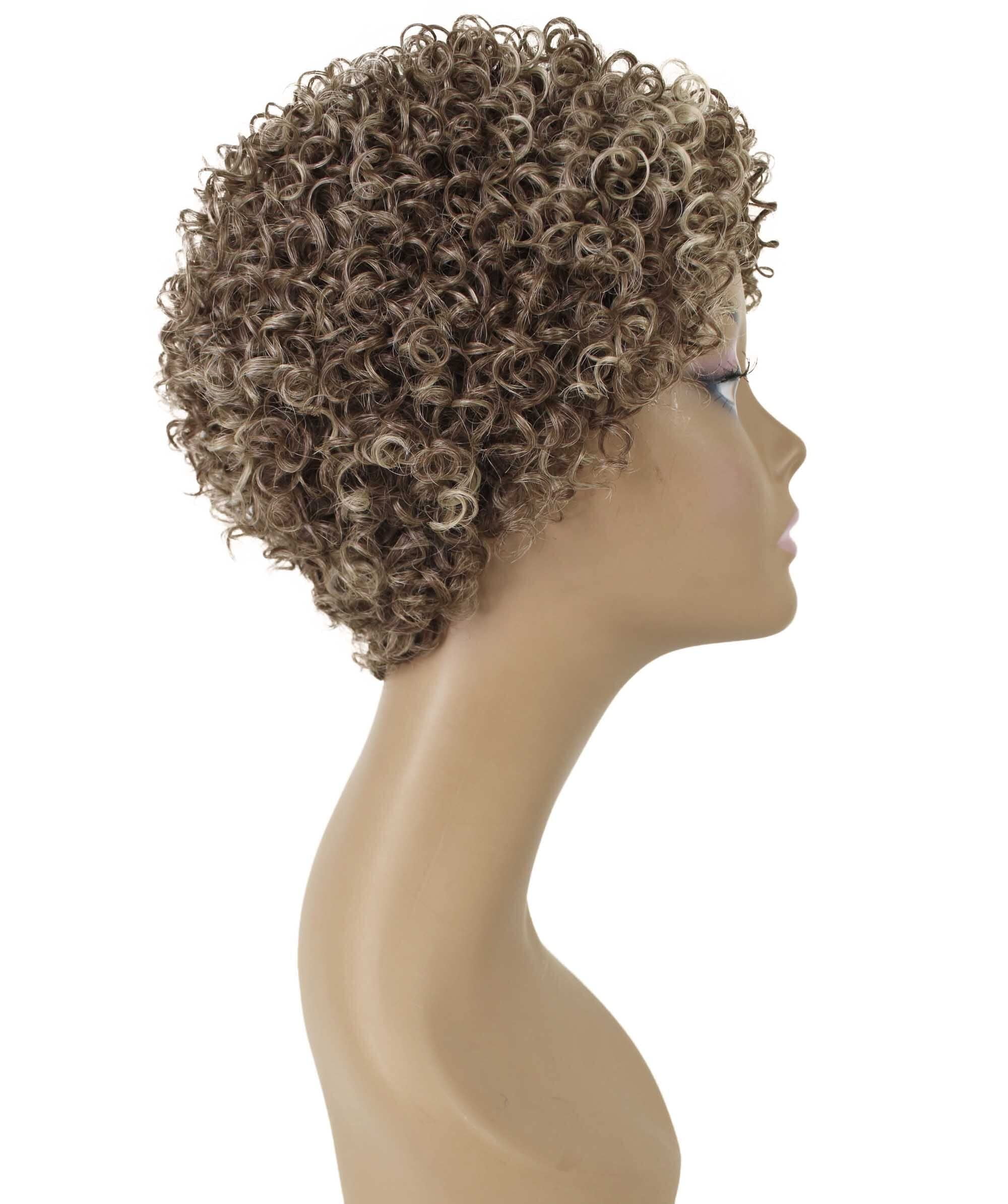 LUXLUXE Leila Curly Kinky 10 in Long Full Wig No Lace Wig, Heat Resistant Fibers, Brown and Blonde Highlights