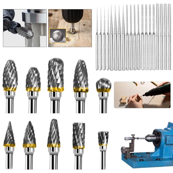 10pcs Carbide Burr Set,1/4" Cutter Head 1/8" Shank Double Cut Tungsten Carbide Rotary Tools with 20 Pcs 𝐃𝐢𝐚𝐦𝐨𝐧𝐝 Mounted 𝐁𝐞𝐚𝐝 𝐑𝐞𝐚𝐦𝐞𝐫