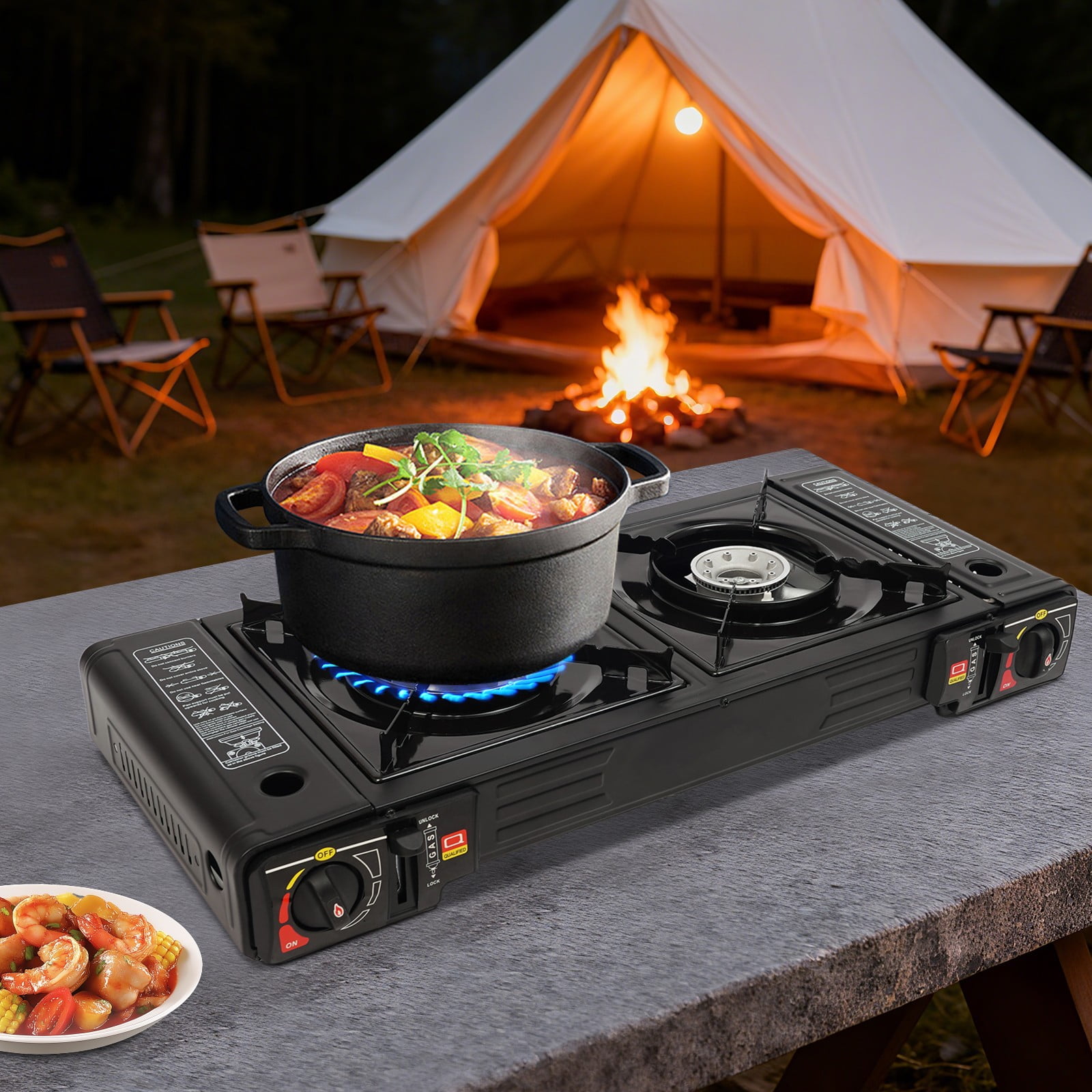 Camping Stove, Portable Butane Camping Stove, Propane Stove 2 Burner Propane Gas Stove, Double Auto Ignition Camping Burner LPG for RV, Apartments, Motorhome, Outdoor, Indoor