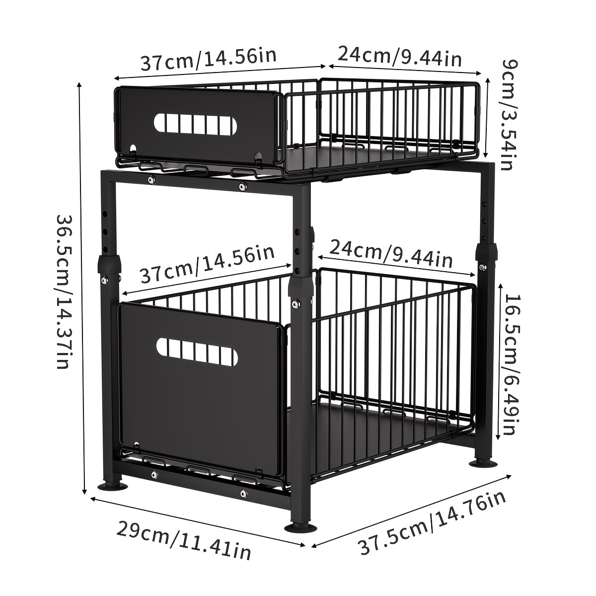 2-Tier Under Sink Organizer with Sliding Drawer, Heavy Duty Carbon Steel Storage Rack for Kitchen & Bathroom, Adjustable Shelves with Hooks for Utensils, Cleaning Supplies and Spices