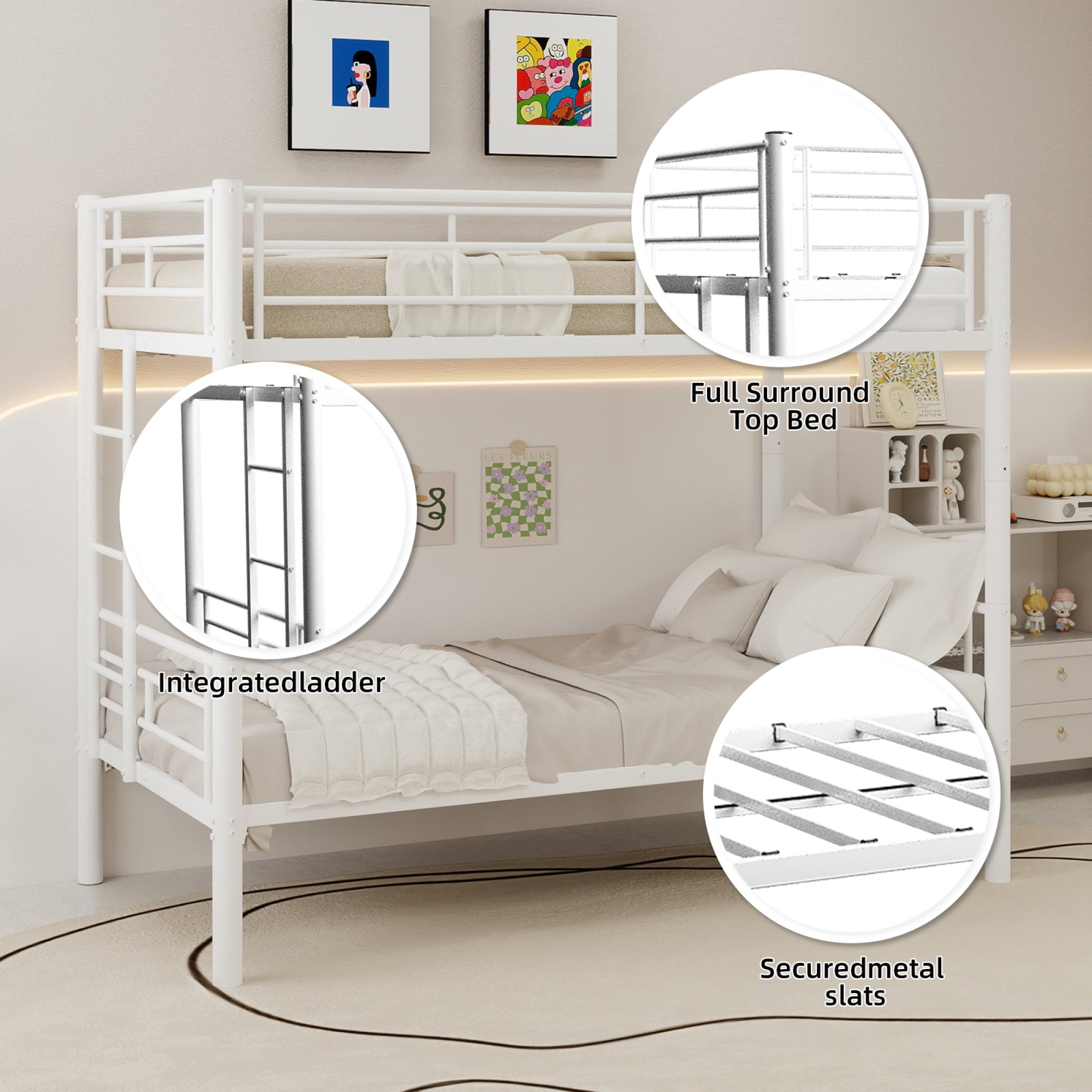 Leumius Twin Over Twin Bunk Bed for Kids Boys Girls, Heavy Duty Metal Bunk Bed with Ladders & Guardrail,Convertible 2 Beds,White