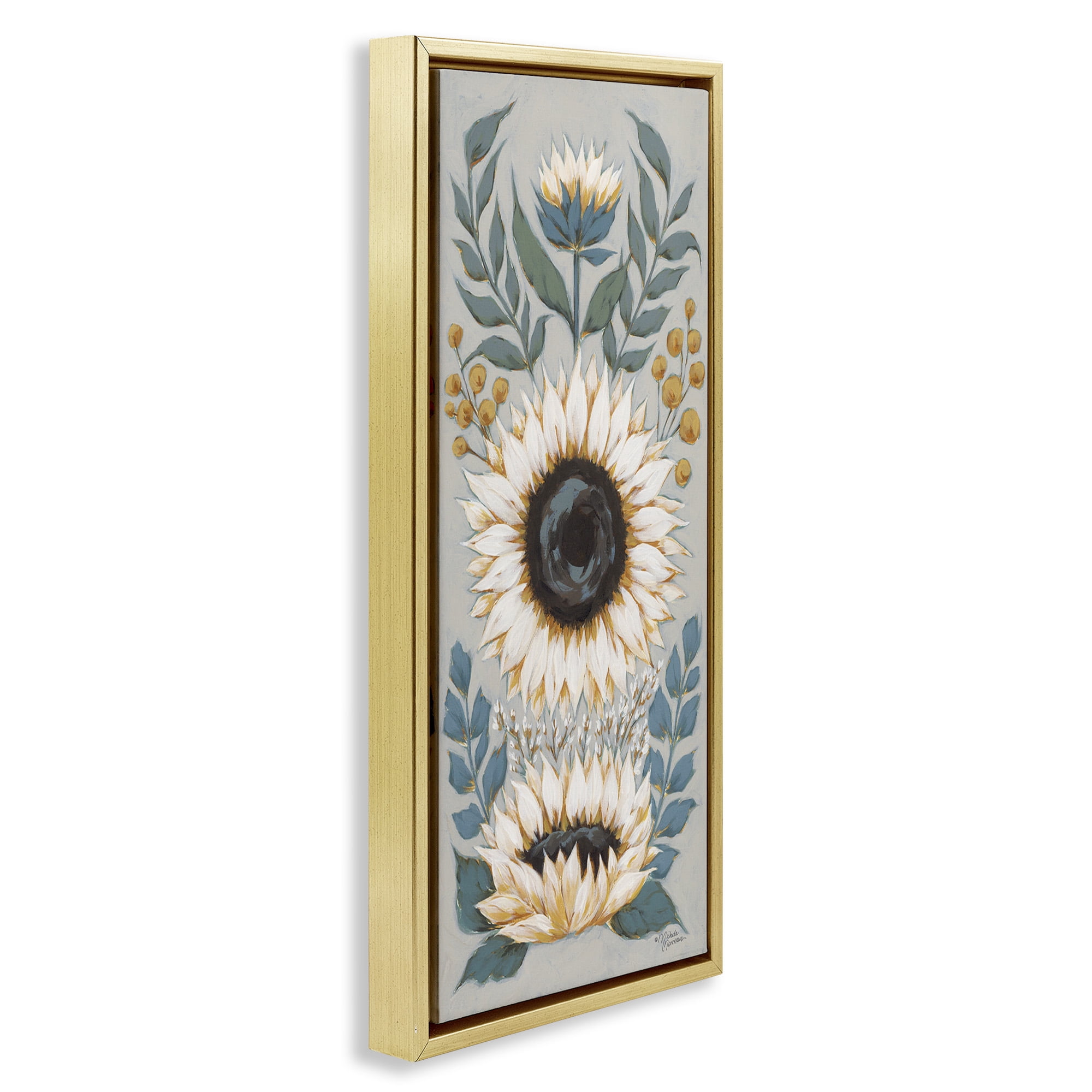 Stupell Industries Country Sunflower Blossoms Botanicals Botanical & Floral Painting Gold Floater Framed Canvas Art Print Wall Art, 11 x 25