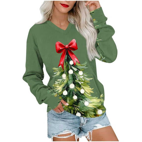 Christmas Clothes Women Crewneck Sweatshirts Loose Fit Long Sleeve Holiday Festive Outfits Xmas Printed Tops (XL, Green)