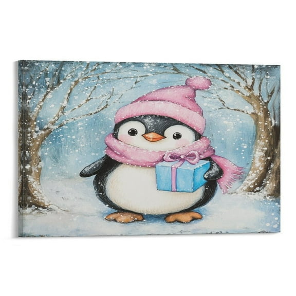 Christmas Penguin Wearing A Pink Scarf And Hat Living Room Art Winter Trees Canvas Prints Wall Art Canvas Wall Art Artwork Wall Art For Kitchen Canvas Prints 08x12inch Framed Artwork