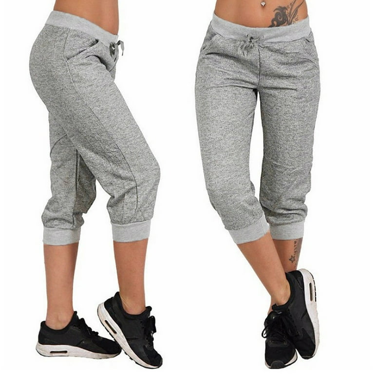 JWZUY Women's Jogger Capris Drawstring Capris Solid Pants Cropped  Sweatpants with Pocket 1-Gray XXL 