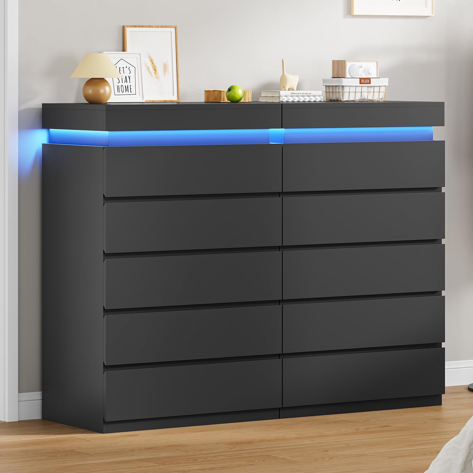 Afuhokles Black 5 Drawer Dresser with LED Light, Chest of Drawers for Bedroom
