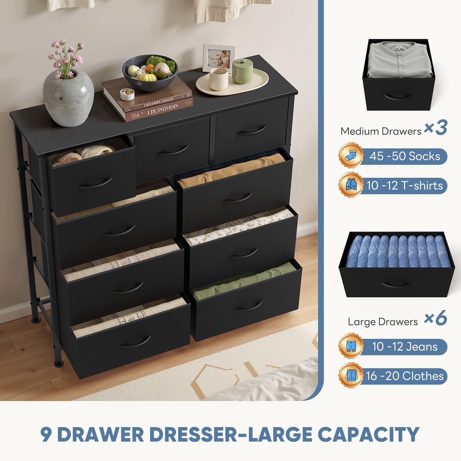 Telyra 9-Drawer Fabric Dresser Tall Storage Tower with Wood Top and Steel Frame Bedroom Closet Organizer, Black