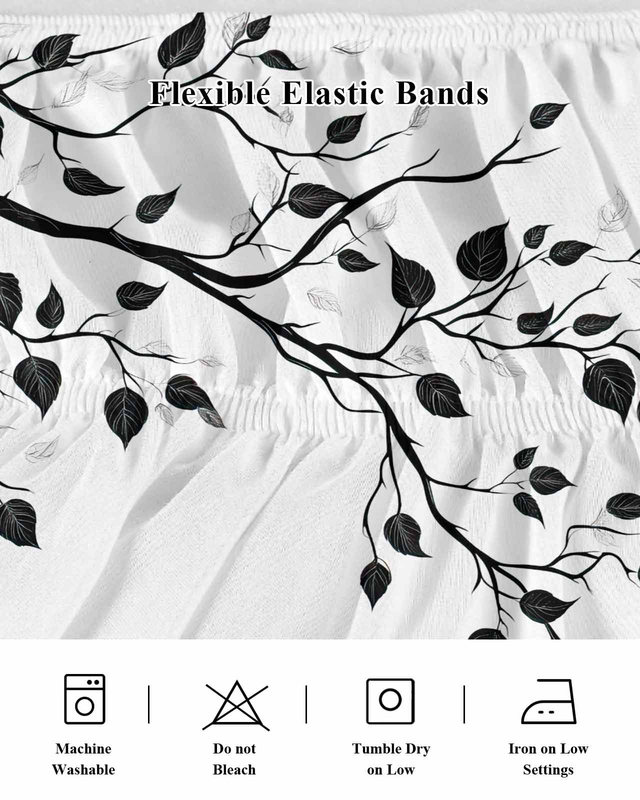 Black Botanical Wrap Around Bed Skirts for Queen Bed 18" Drop, Bed Skirt with Adjustable Elastic Belt Dust Ruffle Bed Valance for Bedroom Hotel Luxury Watercolor Summer Botanical Bed Frame Cover
