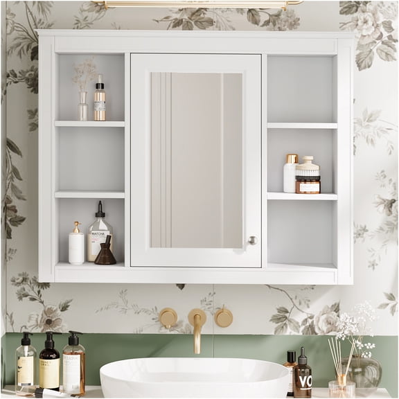 JERFIT 35" x 28" Modern Bathroom Mirror Medicine Cabinet with Soft-Close Door, 6 Adjustable Shelves, Towel Bar, Wall Mounted Storage for Bathroom Organization, White
