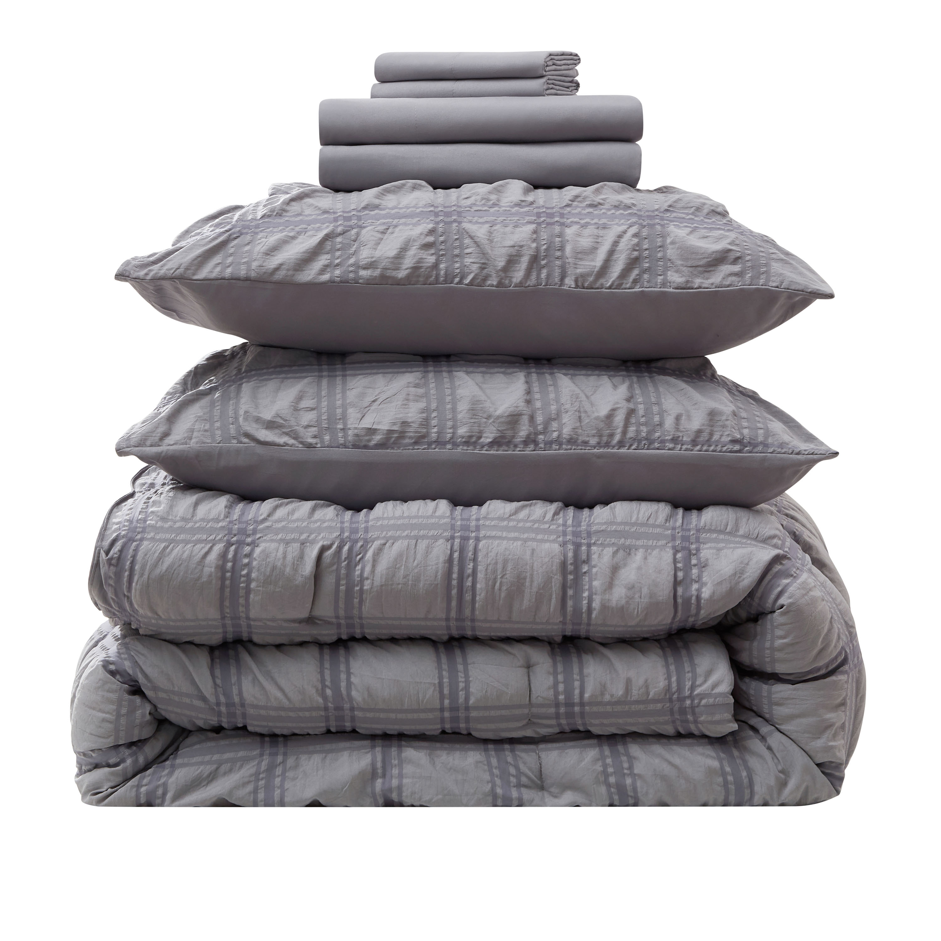 LammaLoe King Size Comforter Sets, 7 Piece Seersucker Bed in a Bag, Bedding Comforter Set with Sheets, Modern Bed Set, Gray