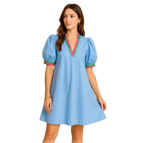 Women's Notched Puff Sleeve Swing Dress 100% Cotton Lightweight Everyday Dress for Spring Summer and Casual Office Wear