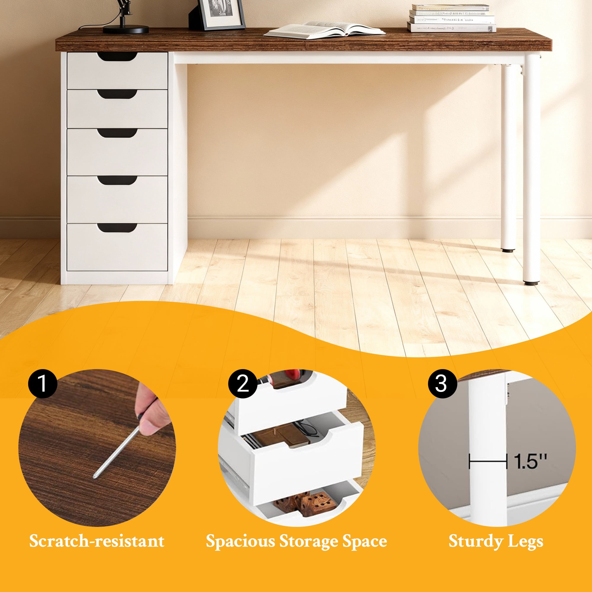 KIOOTTO 47" Computer Desk with 5 Drawers, Reversible Storage Cabinet and Compact Workstation, Nordic Oak