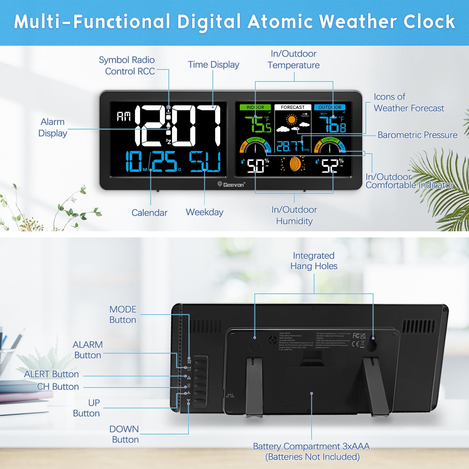 Geevon Weather Station Wireless Indoor Outdoor Thermometer with Atomic Clock, HD Color Display Digital Temperature Humidity Monitor with Barometer, Comfort Indicator, and Adjustable Backlight