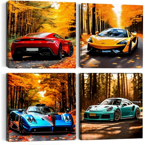 4PC Sports Car Canvas Wall Art Framed Colorful Supercar Painting Picture Racing Car Garage Wall Decor Autumn Landscape Modern Canvas Prints for Boys Room Men Bedroom Home Office
