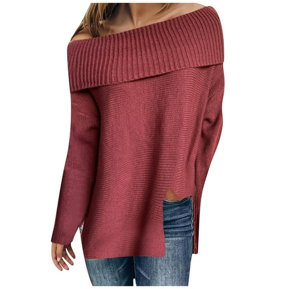 JINMGG 2024 Fall Winter Plus Size Sweaters for Women Clearance,Womens Slash- Neck Long Sleeve Knitted Sweater Casual Long Sleeve Sexy Pullover