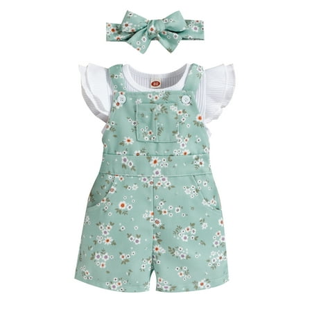 

Infant Baby Girl Summer Overalls Outfits Flying Sleeve Ribbed T-Shirt Top Floral Suspender Shorts Headband 3Pcs Clothes Set