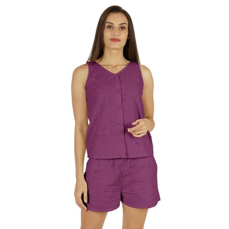 

Bimba Solid Schiffli Top & Short Nightwear Set For Womens Casual 2 pcs Sexy Lounge Sleepwear Set