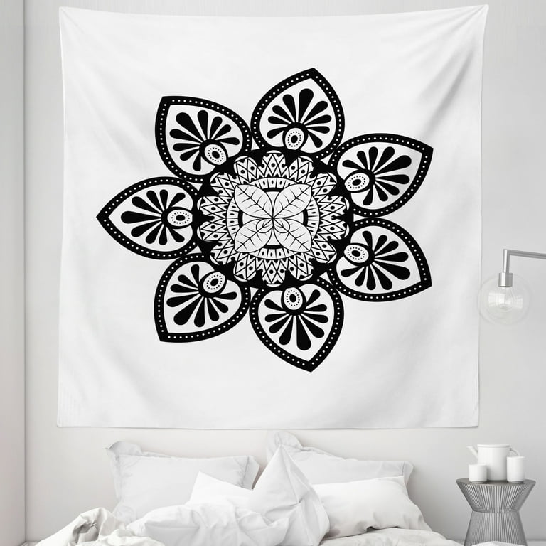 White Boho Tapestry Oriental Thought Flower Universe Deep Meaning Monochrome Style Artwork Print Fabric Wall Hanging Decor for Bedroom Living Room